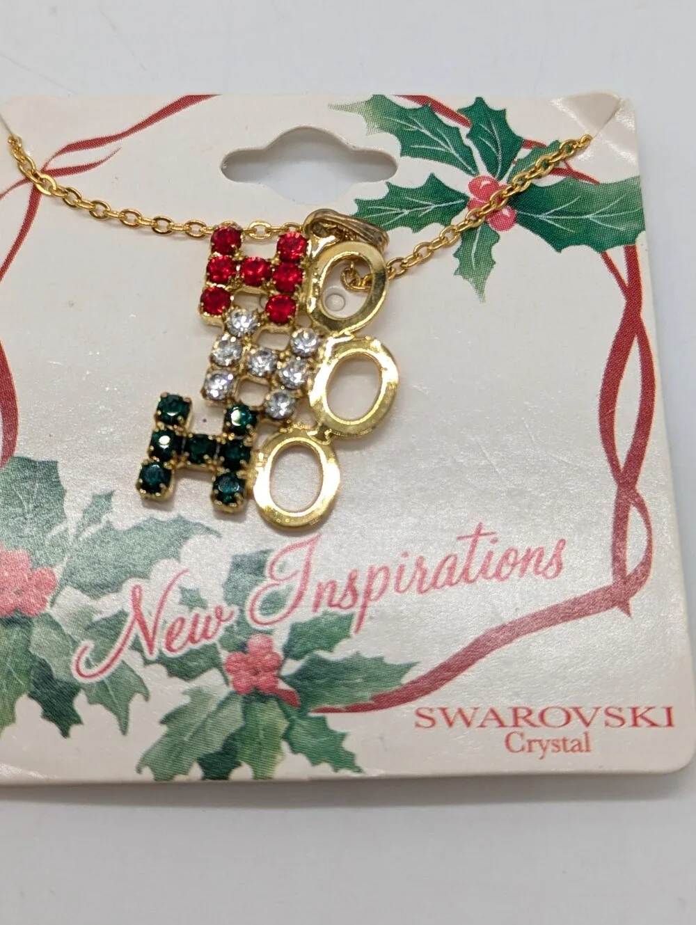 NWT Joycraft Jewelry Gold-Tone Red Green Swarovski HoHoHo Christmas Necklace